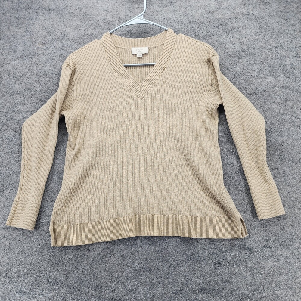 LOFT Ann Taylor Shirt Womens Medium V Neck Long Sleeve Beige Ribbed